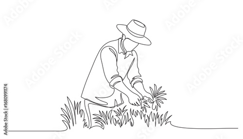 Single one line drawing of farmers rice planting working. Farming challenge minimal concept. Continuous line draw design graphic  illustration.