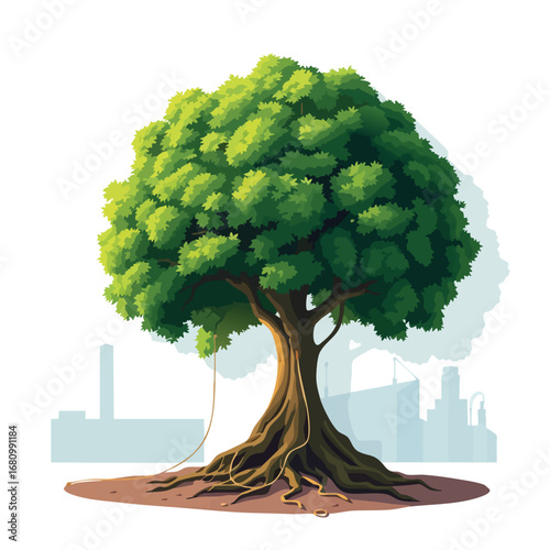 A large  healthy tree has roots that are not in soil  but are plugged into a clean  minimalist factory  powering it. Flat vector art  strong defined shadows.