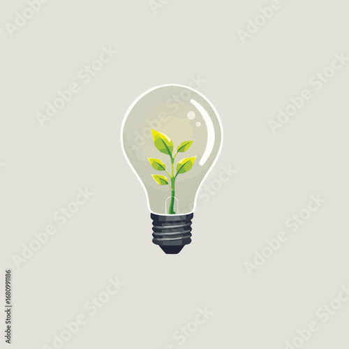 A lightbulb with a vibrant green sprout growing inside instead of a filament  glowing softly. Graphic illustration  minimalist  clean defined shapes.