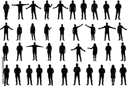 Silhouette collection of men and women standing, talking, pointing, expressing emotions, full body, isolated on white, various human poses and gestures