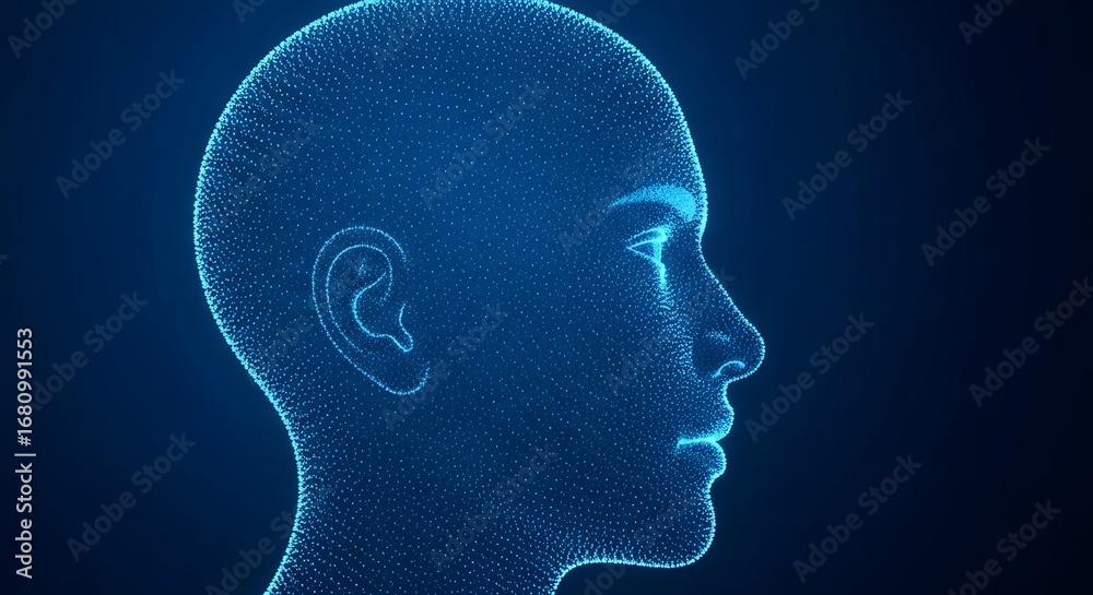 Obraz premium A digital rendering of a human head in profile outlined with blue dots against a dark background