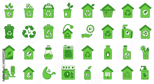Collection of green eco friendly icons representing sustainability and environmental protection
