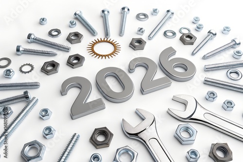 New year 2026 concept with metal bolts nuts screws wrenches and gears symbolizing construction industry and industrial progress