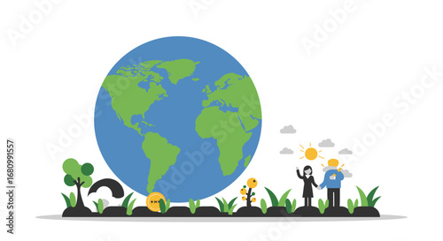 Diverse people planting trees and growing plants around a large globe symbolizing environmental protection and sustainability