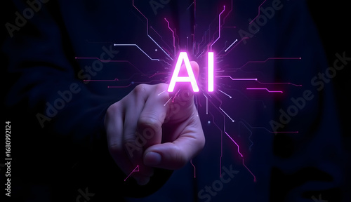 Hand showcasing glowing AI text, emphasizing technology and innovation, modern digital theme with vibrant colors for impact. Isolated on white background or PNG