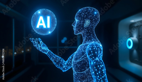 Futuristic digital assistant interacting with AI display, virtual humanoid figure in a tech-driven environment, modern design.