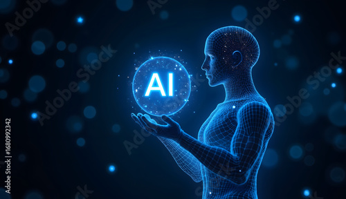 Silhouette of a person holding a glowing AI sphere, highlighting technology and innovation in a dark, digital environment. Isolated on white background or PNG