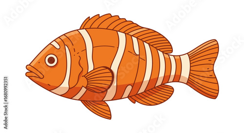 Vibrant orange clownfish with white stripes swimming in clear blue ocean water with coral reef background