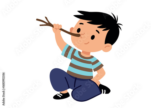 ector illustration of a playful boy holding a stick to his nose, pretending to be Pinocchio with a long nose.