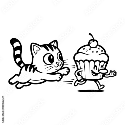 Funny cartoon vector illustration of a cat running and trying to catch a happy cupcake. Suitable for children's books, comics, stickers, t-shirt prints and fun poster designs.