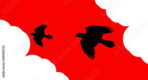 Two dark silhouettes of birds of prey soaring through a vibrant red sky with white clouds