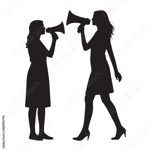 Silhouettes of Two Women Holding Megaphones, Speaking Out Boldly in Strong Black Outline Art.