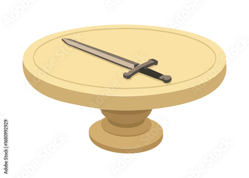 Vector illustration of a medieval sword lying on a golden round table, fantasy and mythology inspired design.