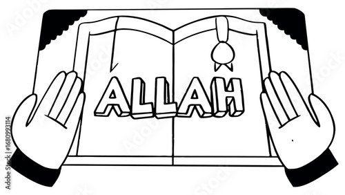 Hands holding open book with "ALLAH" text, symbolizing faith and devotion