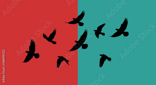 Silhouettes of a flock of birds flying in formation across a split red and teal background