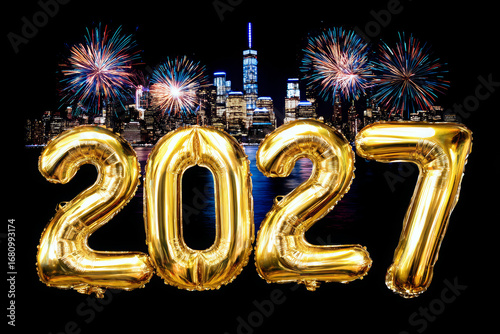 2027 New Years Eve celebration illustration gold balloons with fireworks in the background.