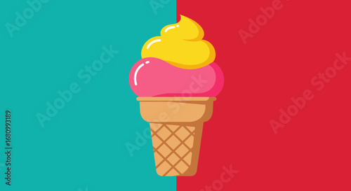 Vibrant illustration of a delicious double scoop ice cream cone with pink and yellow flavors against a split background