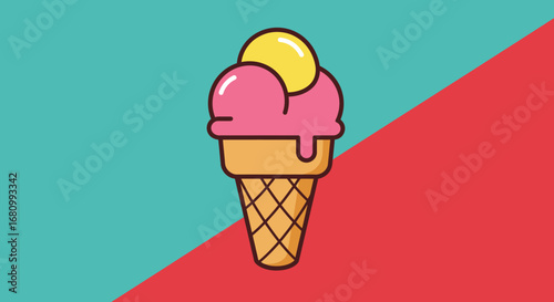 Delicious pink and yellow ice cream cone with dripping flavors on a split teal and red background