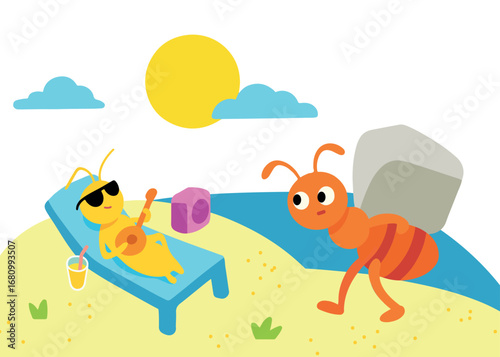 Funny cartoon illustration of an ant working hard while a grasshopper relaxes on a sunbed playing guitar