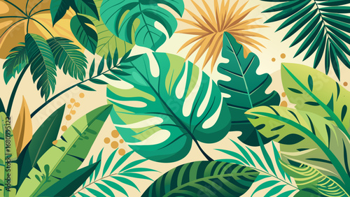 Vector art of vibrant tropical leaves create a lush and exotic jungle background, perfect for adding a touch of nature and summer to any design project