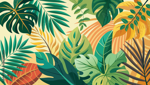 Vector art of a vibrant and exotic tropical leaf pattern, perfect for adding a touch of nature and summer to any design project or background, colorful