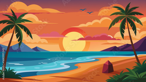 Vector art of tropical beach sunset landscape with palm trees, sea, ocean, and mountains, summer vacation travel destination, idyllic paradise, vector illustration