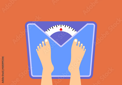Vector illustration of Feet on a weighing scale machine. weight gain and loss, healthy diet plan concept.