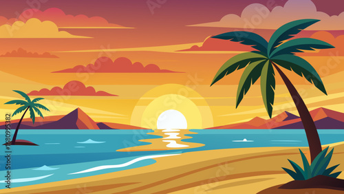 Vector art of experience the magic of a tropical sunset on a pristine beach with swaying palm trees, a perfect escape for relaxation and rejuvenation