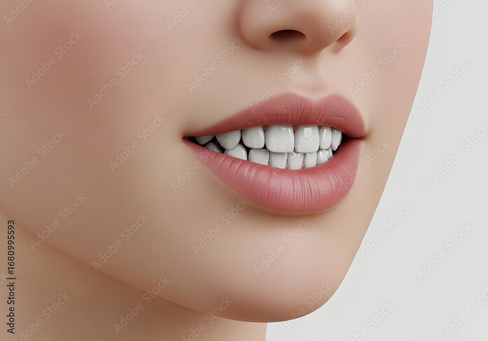 Fototapeta premium Close up view of a person's face showing their teeth and lips against a plain white background