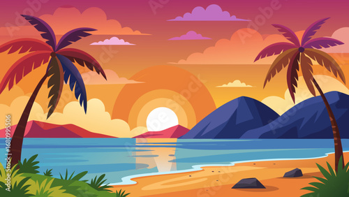 Vector art of a colorful tropical beach sunset illustration with palm trees, mountains, and a serene sea, creating a peaceful and inviting atmosphere