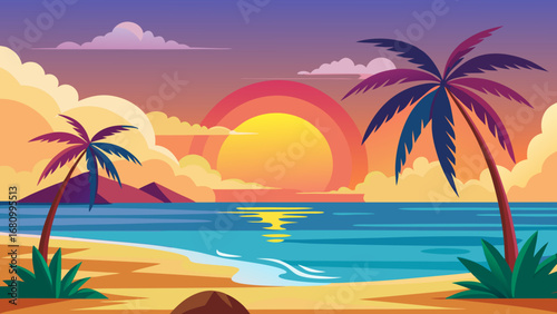 Vector art of a picturesque tropical beach scene at sunset, featuring palm trees, calm waters, and a vibrant sky, perfect for a relaxing vacation getaway