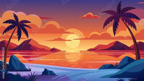 Vector art of a breathtaking sunset over a tranquil sea, with palm trees silhouetted against the vibrant sky, creating a serene tropical paradise scene