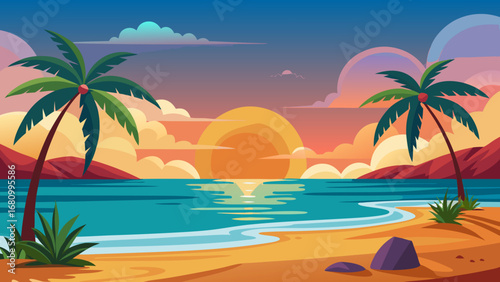 Vector art of a serene sunset over a tropical beach with palm trees, creating a tranquil and picturesque scene of paradise and relaxation