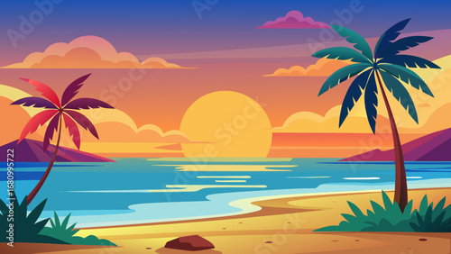 Vector art of a serene tropical beach sunset with palm trees, calm sea, and colorful clouds creating a peaceful and idyllic vacation destination