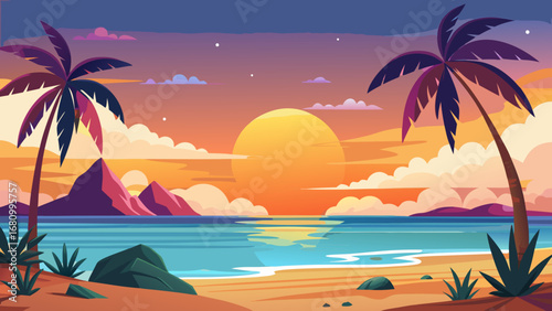 Vector art of picturesque tropical beach sunset with palm trees, calm sea, and a vibrant sky, creating a peaceful and idyllic vacation scene