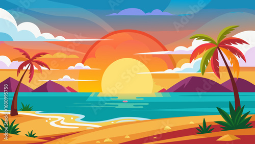 Vector art of a vibrant tropical beach scene with a stunning sunset, palm trees swaying gently, and the serene ocean reflecting the warm colors of the sky