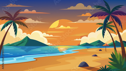 Vector art of a serene tropical beach landscape at sunset with palm trees, mountains, and a calm ocean, creating a peaceful and idyllic vacation scene