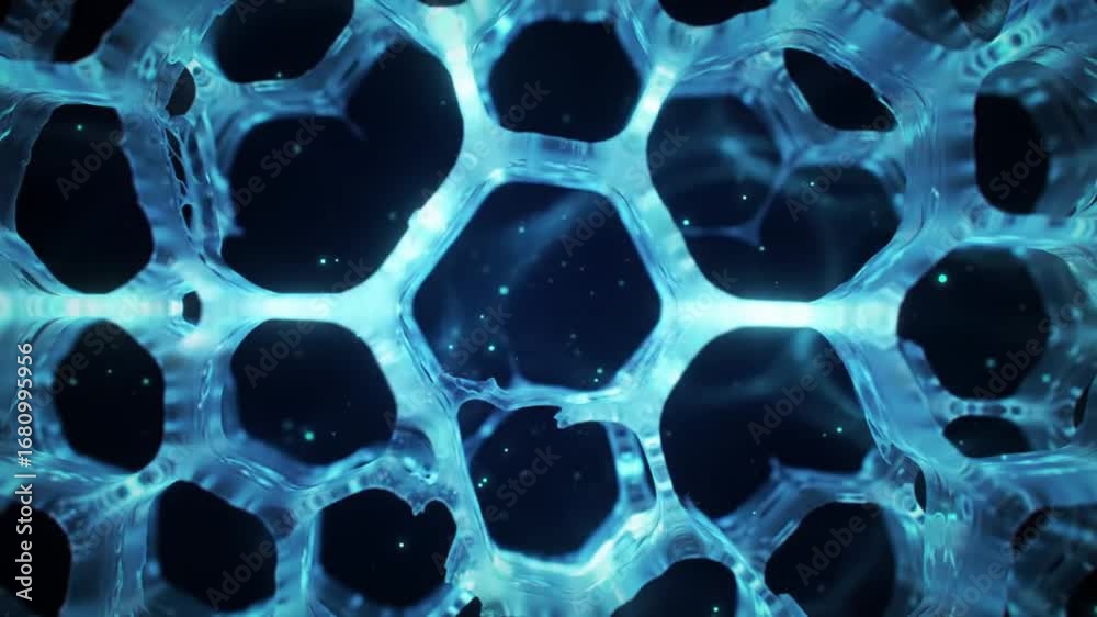 Abstract glowing blue cellular structure with moving particles in dark space, science technology concept