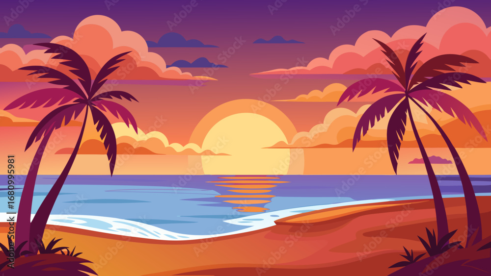Fototapeta premium Vector art of a serene tropical beach sunset with palm trees, colorful sky, and calm ocean waves creating a tranquil and idyllic scene for relaxation and vacation