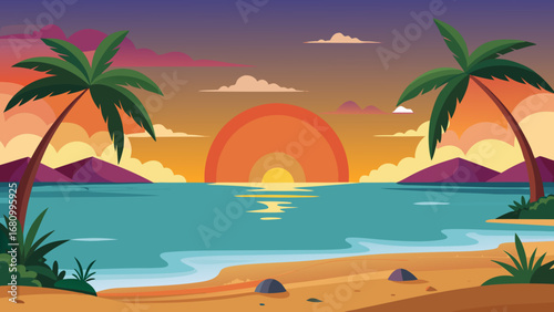 Vector art of a vibrant sunset over a tranquil beach with palm trees, creating a serene and inviting tropical paradise landscape scene at dusk
