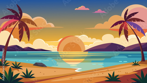 Vector art of a tropical beach sunset with palm trees, calm sea, and distant mountains creating a peaceful and scenic landscape for a perfect vacation getaway