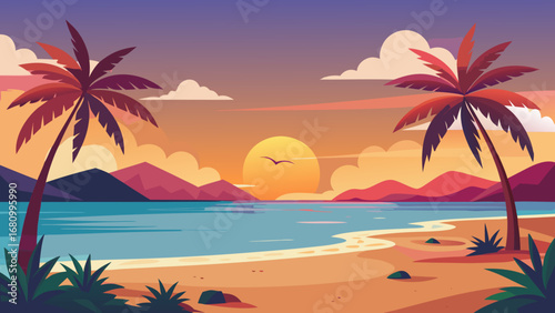 Vector art of a vibrant tropical beach sunset with palm trees, mountains, and a bird flying across the sun creating a picturesque and serene vacation scene