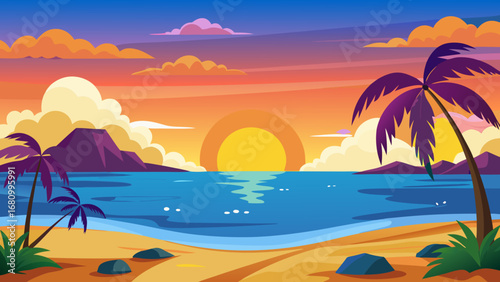 Vector art of a tranquil sunset over a tropical beach with palm trees, creating a serene and idyllic scene for a perfect vacation getaway