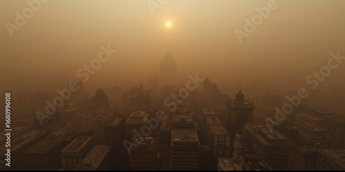 Wide angle view of a heat stricken cityscape of Delhi under a thick layer of smog and haze