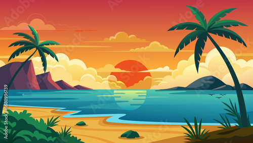 Vector art of a vibrant sunset paints the sky with warm hues as palm trees sway gently on a tropical beach, creating a serene and inviting scene