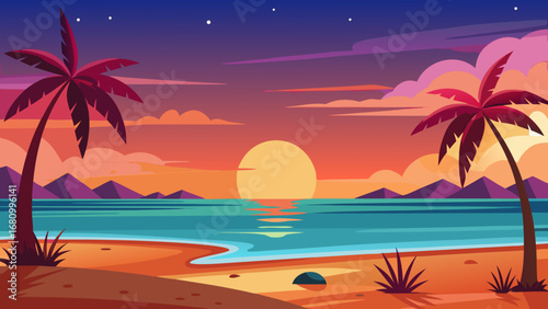 Vector art of a breathtaking sunset casts a warm glow over a tranquil beach, framed by silhouetted palm trees and distant mountains, creating a peaceful escape