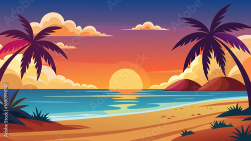 Vector art of a vibrant tropical beach sunset scene with palm trees silhouetted against the colorful sky and the sun reflecting on the calm ocean water