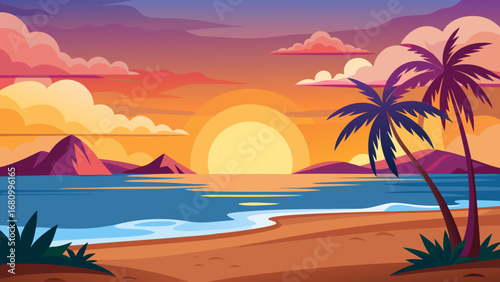 Vector art of a serene tropical beach sunset with palm trees, mountains, and a colorful sky reflecting on the calm ocean, creating a peaceful vacation scene