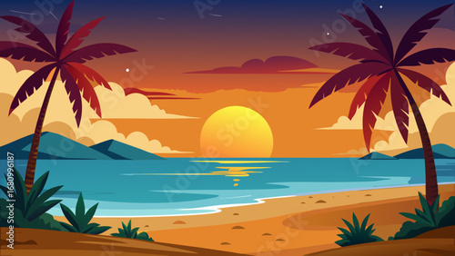 Vector art of a serene sunset bathes a tropical beach in golden light, with palm trees framing the tranquil scene, inviting relaxation and escape to paradise