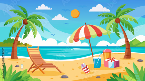 Vector art of a vibrant tropical beach scene with a beach chair, umbrella, and gifts, perfect for a summer vacation, evoking relaxation and holiday vibes
